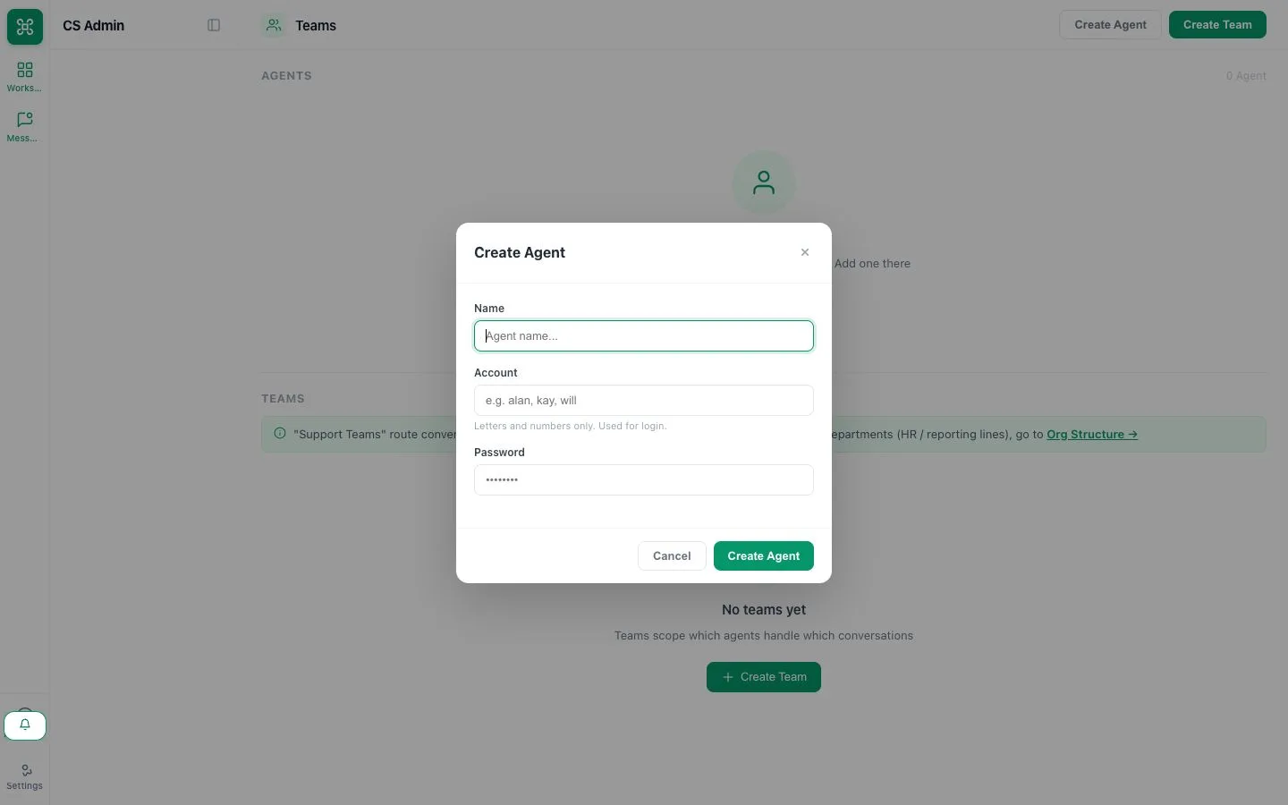 Create Agent form for a privacy-safe demo employee account