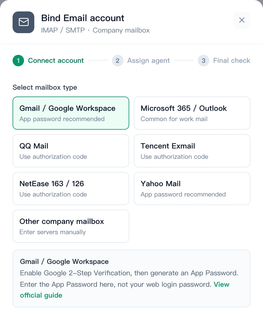 Email binding dialog on step one with the mailbox type presets