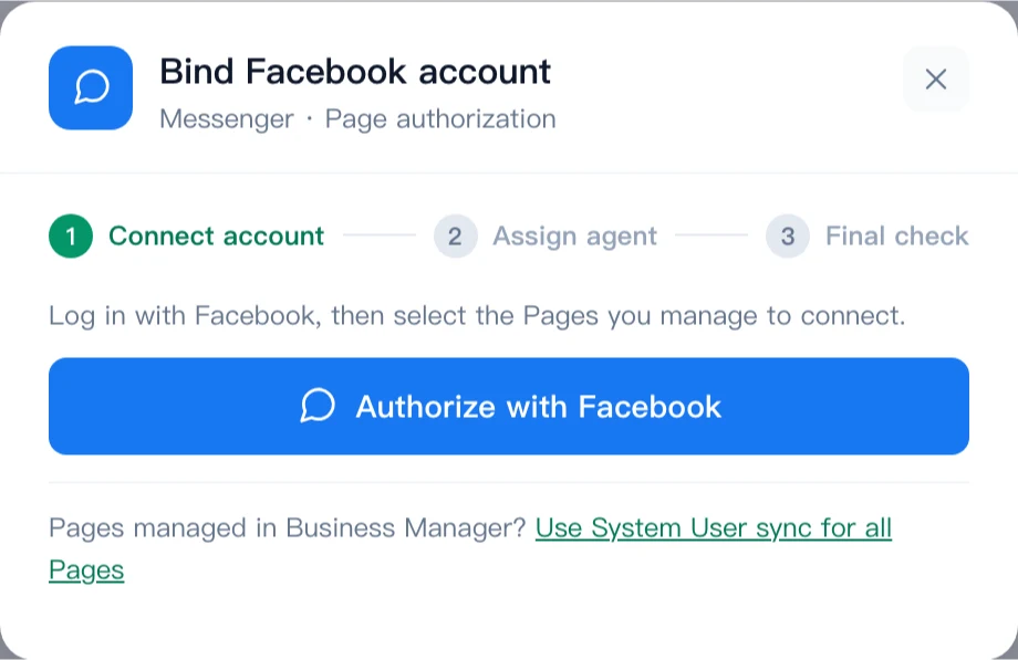 Facebook binding dialog with sign-in and System User options
