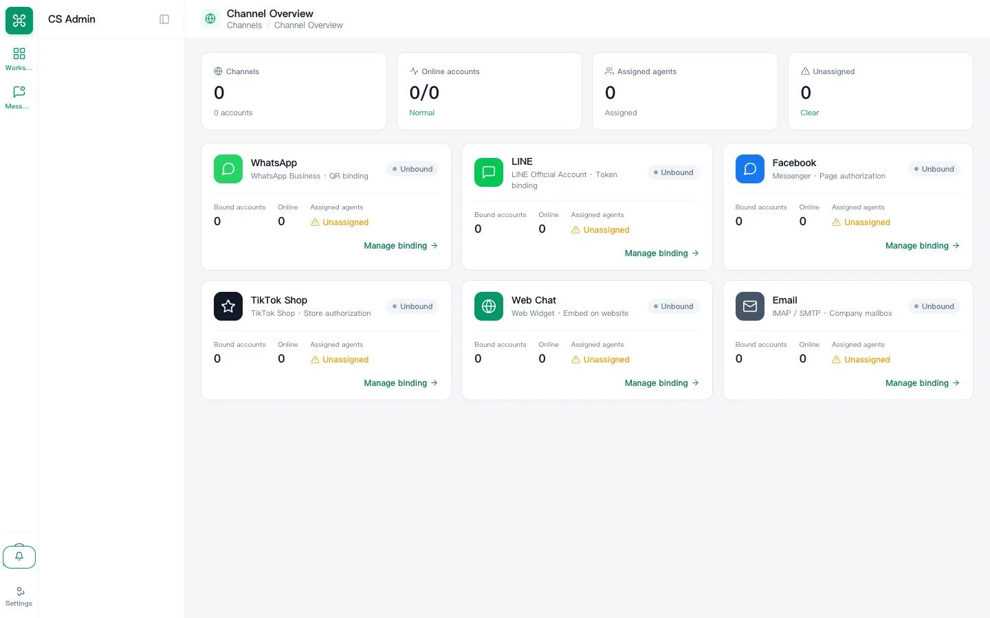 Supported channel connection choices on the current Channels page