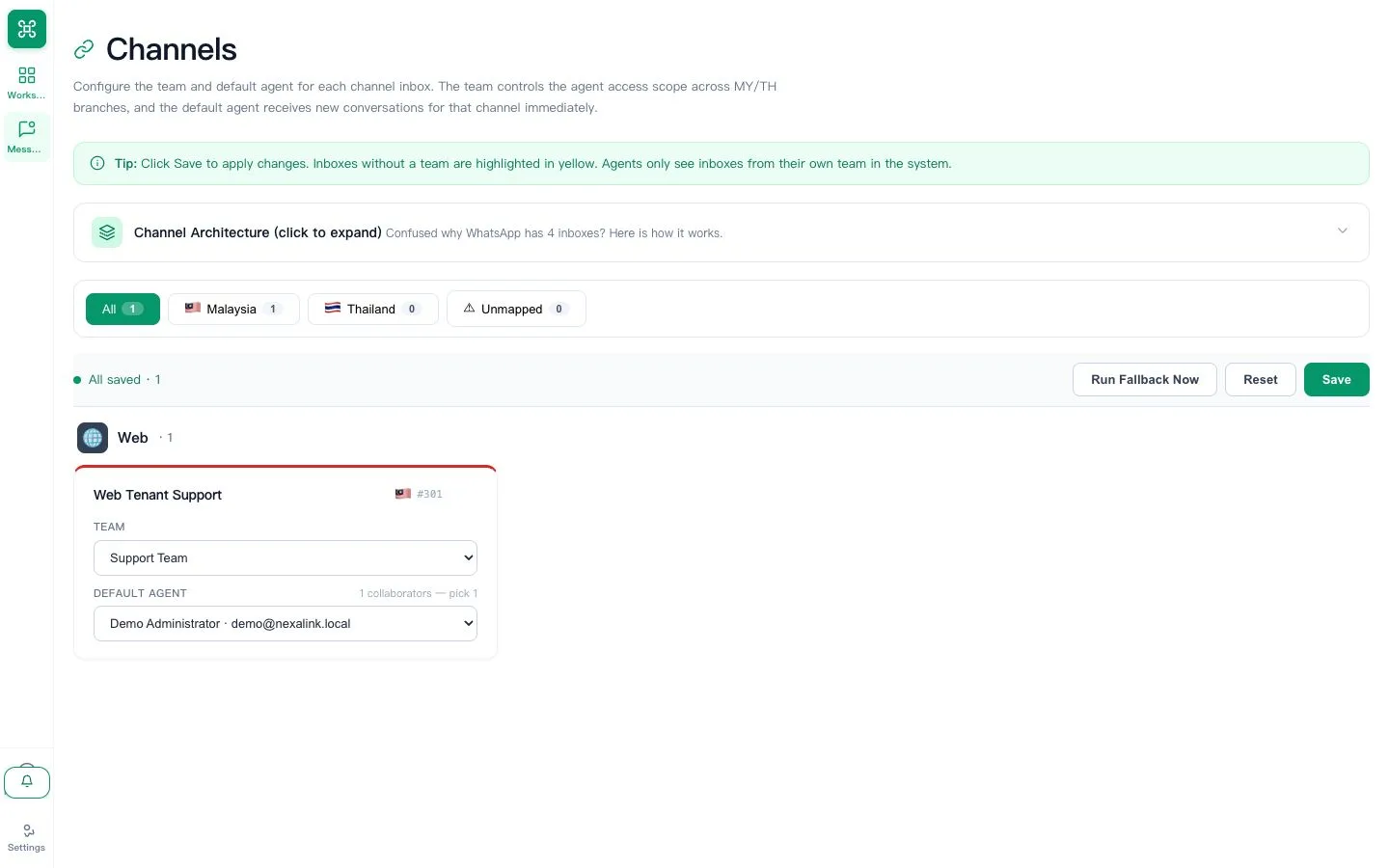 Inbox team routing settings in the privacy-safe demo tenant