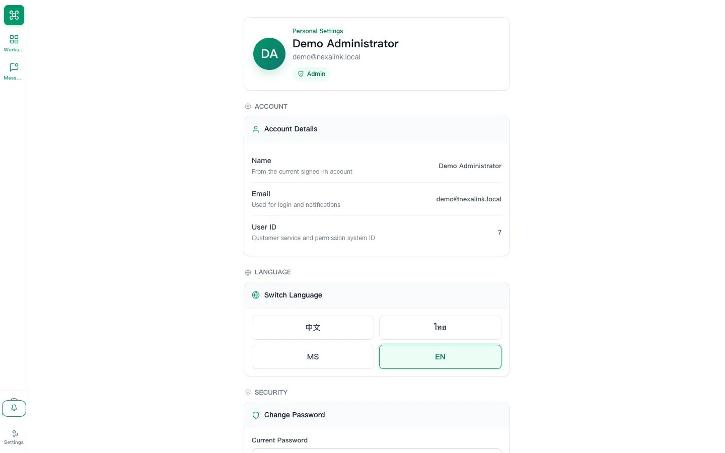 Personal Settings with demo profile, language and password controls