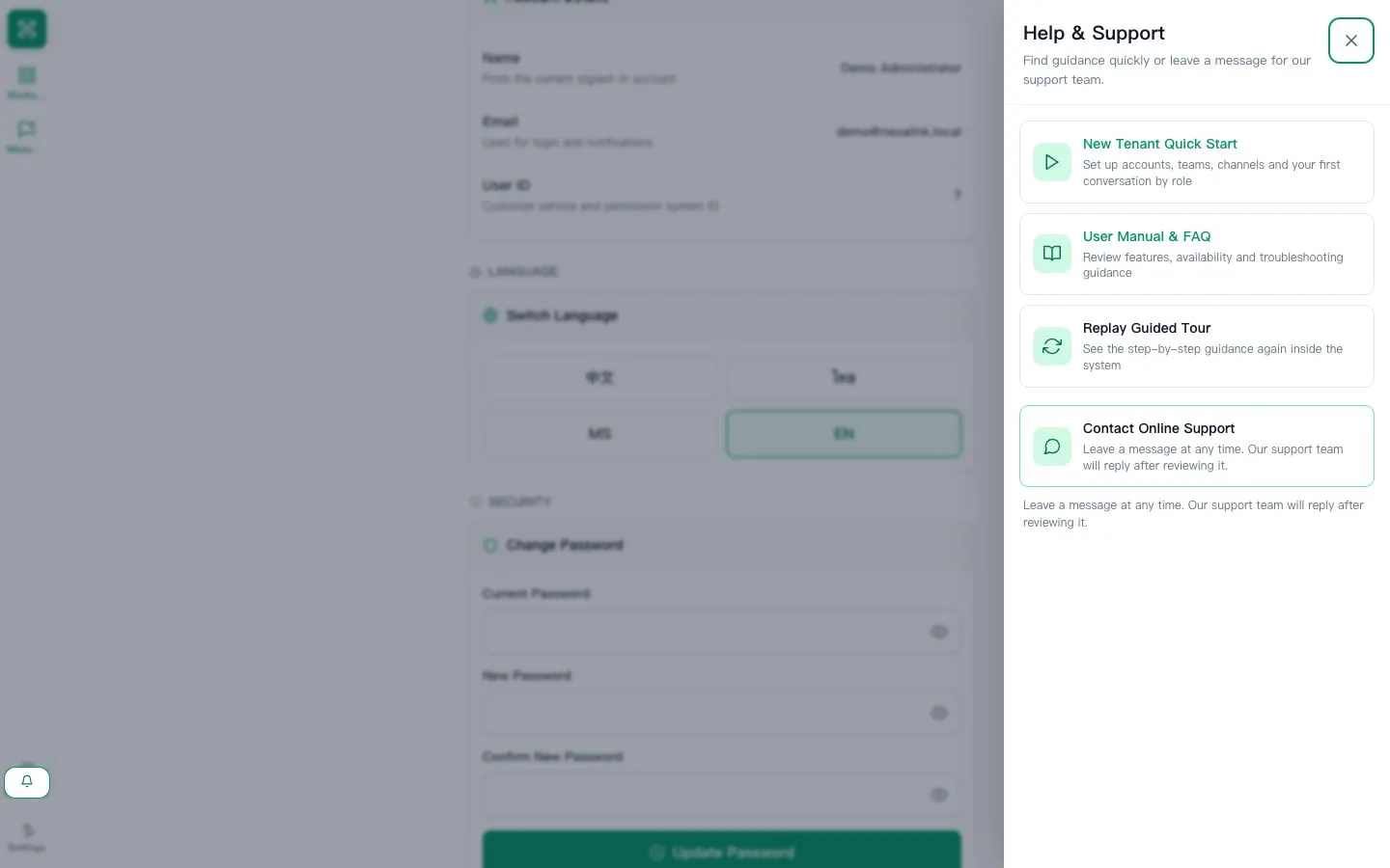 Help and Support panel with manual, tour and online support actions