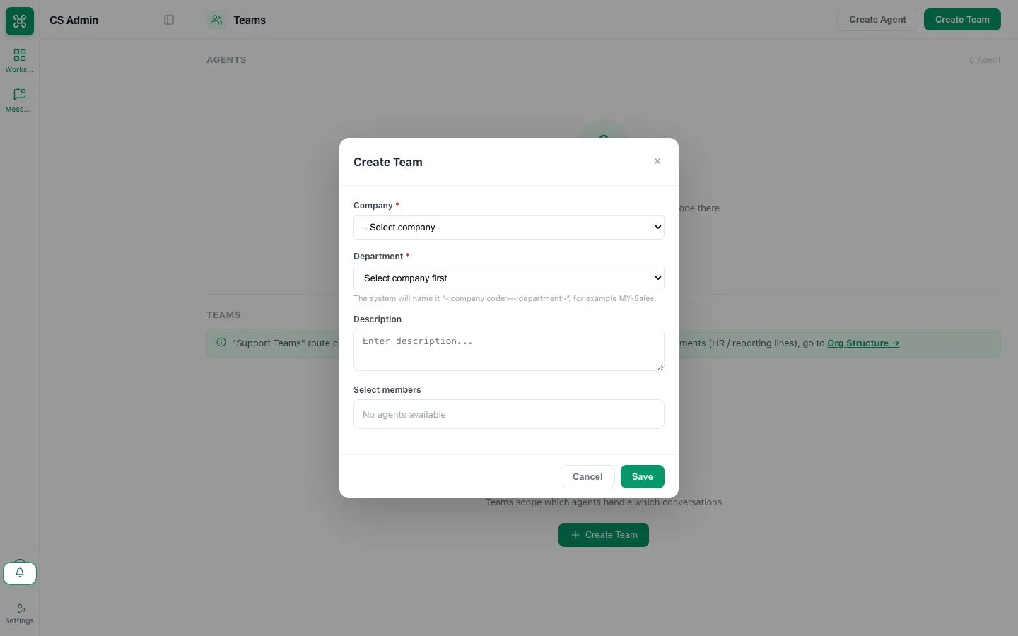 Create Team form in the current Team Management page